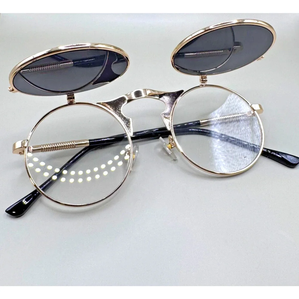 Music Festival Fashion Sunglasses Round Lenses Steampunk Flip-Up Unisex - Black
